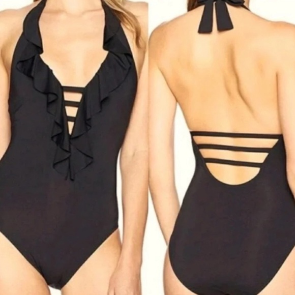 Bleu Rod Beattie Black Deep Ruffle Plunge Bathing Suit - Picture 2 of 4